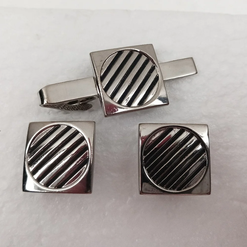 Tie Clip Bar, Cufflinks, Silver Black Vintage Space Age Graphics Classic Atomic